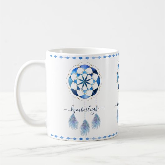 Boho Blue Celestial Mandala Dreamcatcher Monogram Kaffeetasse (Links)