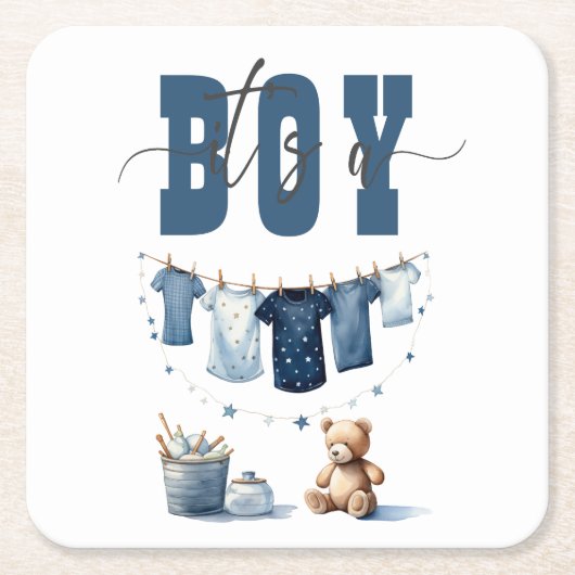 Boho Blue Clothesline Sweet It a Boy Baby Dusche Rechteckiger Pappuntersetzer (Vorderseite)