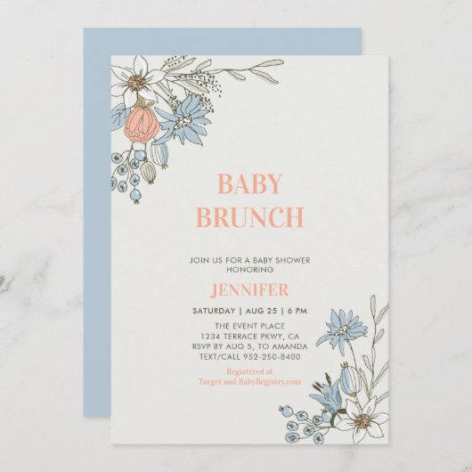 Boho Blue & Coral Floral Baby Brunch Dusche Einladung (Vorne/Hinten)