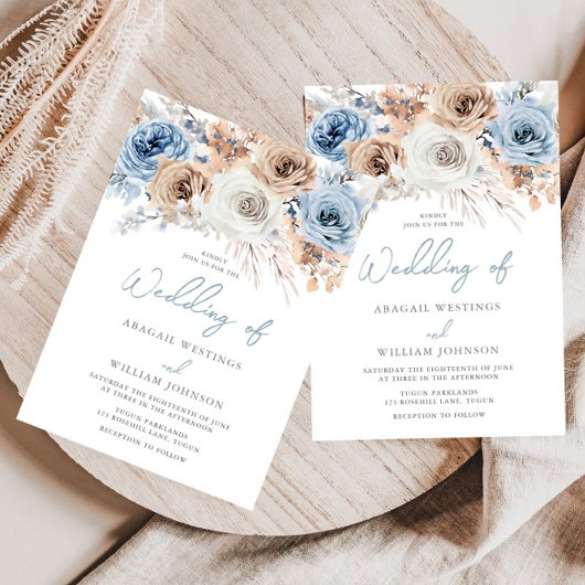 Boho Blue: Dusty Blue Bohemisch Floral Wedding Einladung