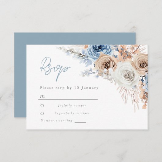 Boho Blue: Dusty Blue Bohemisch Floral Wedding RSVP Karte (Vorne/Hinten)