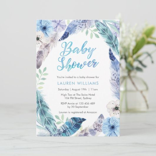 Boho blue feather Baby Dusche Einladung (Stehend Vorderseite)