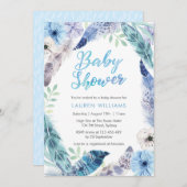 Boho blue feather Baby Dusche Einladung (Vorne/Hinten)