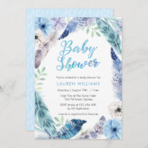 Boho blue feather Baby Dusche Einladung