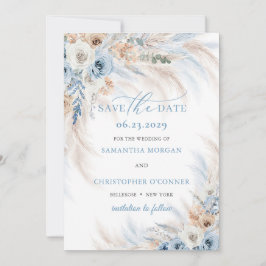Boho Blue Floral and Ivory Rose Pampas Grass Save The Date