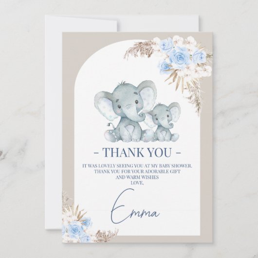 Boho Blue Floral Arch Elephant Danke Karte (Vorderseite)