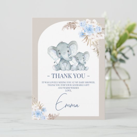Boho Blue Floral Arch Elephant Danke Karte (Stehend Vorderseite)
