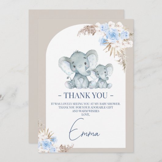 Boho Blue Floral Arch Elephant Danke Karte (Vorne/Hinten)