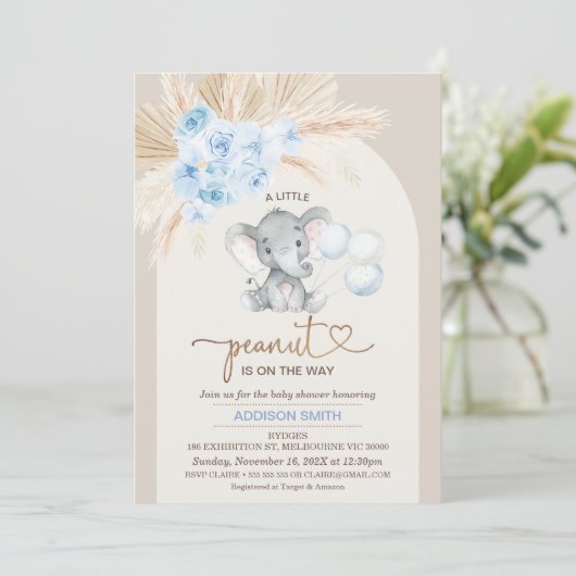 Boho Blue Floral Arch Little Peanut Baby Dusche Einladung (Stehend Vorderseite)