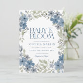 Boho Blue Floral Baby in Bloom Boy Baby Dusche Einladung (Stehend Vorderseite)