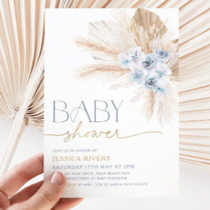 Boho Blue Floral Baby Shower Einladung Blumenjunge