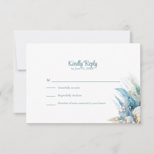 Boho Blue Floral Beach and Shell Wedding RSVP Card (Vorderseite)