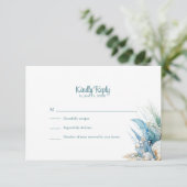 Boho Blue Floral Beach and Shell Wedding RSVP Card (Stehend Vorderseite)