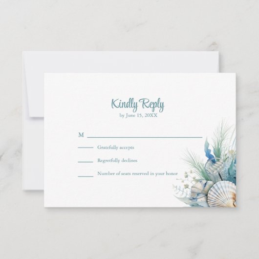 Boho Blue Floral Beach and Shell Wedding RSVP Card (Vorderseite)