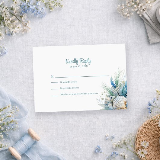 Boho Blue Floral Beach and Shell Wedding RSVP Card Karte