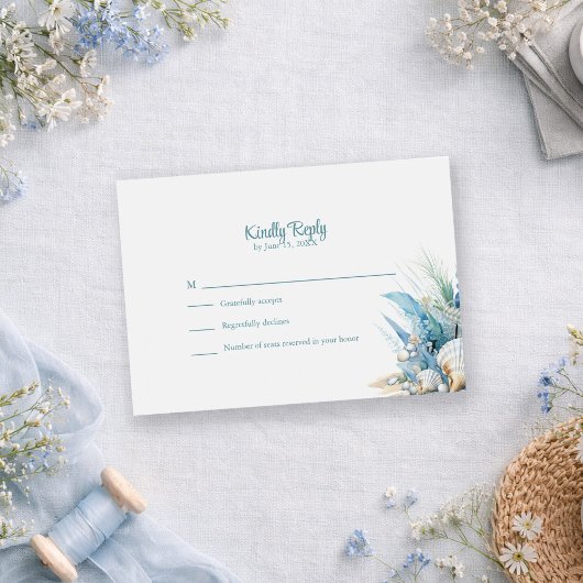 Boho Blue Floral Beach and Shell Wedding RSVP Card Karte