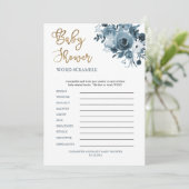 Boho Blue Floral Boy Baby Dusche Word Scramble Einladung (Stehend Vorderseite)