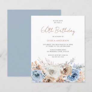 Boho Blue Floral Budget 60. Geburtstag Einladung