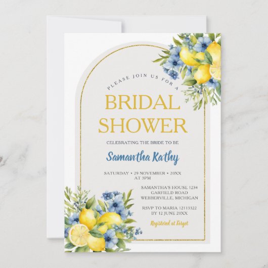 Boho Blue Floral Citrus Lemonade Brautparty Einladung (Vorderseite)