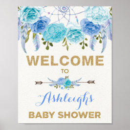 Boho Blue Floral Dreamcatcher Baby Dusche Willkomm Poster
