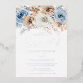 Boho Blue Floral Engagement Party Silver Folieneinladung (Vorderseite)