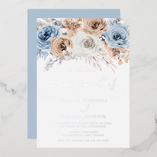 Boho Blue Floral Engagement Party Silver Folieneinladung (Vorderseite/Rückseite)
