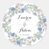 Boho Blue Floral & Eucalyptus Wreath Wedding Runder Aufkleber (Vorderseite)
