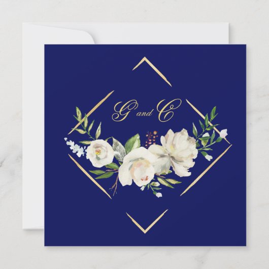 Boho Blue Floral Gold Wedding Square Einladung (Rückseite)