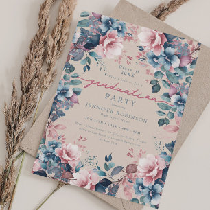 Boho Blue Floral Graduation Party Champagne Einladung