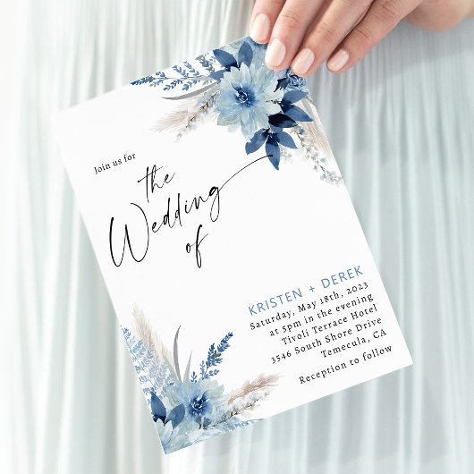 Boho Blue Floral Greenerity Wedding Einladung