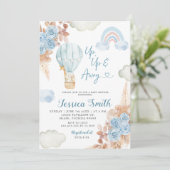 Boho Blue Floral Hot Air Ballon Babydusche Einladung (Stehend Vorderseite)