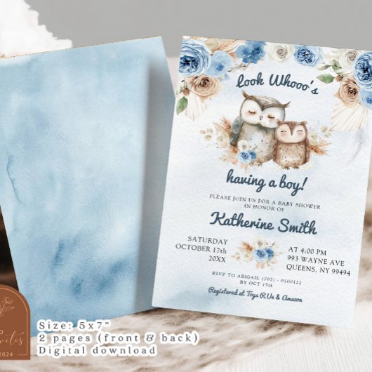 Boho Blue Floral Owl Babydusche Einladung