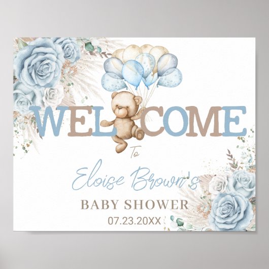 Boho Blue Floral Pampas Bear Baby Dusche Willkomme Poster (Vorne)