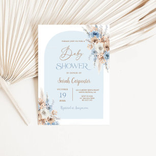 Boho Blue Floral Pampas Grass Baby Shower Boy Einladung