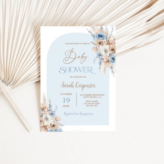 Boho Blue Floral Pampas Grass Baby Shower Boy Einladung
