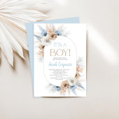 Boho Blue Floral Pampas Grass Baby Shower Boy Einladung