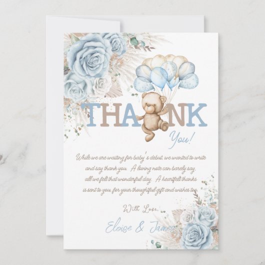 Boho Blue Floral Pampas Teddy Bear Boy Baby Dusche Dankeskarte (Vorderseite)