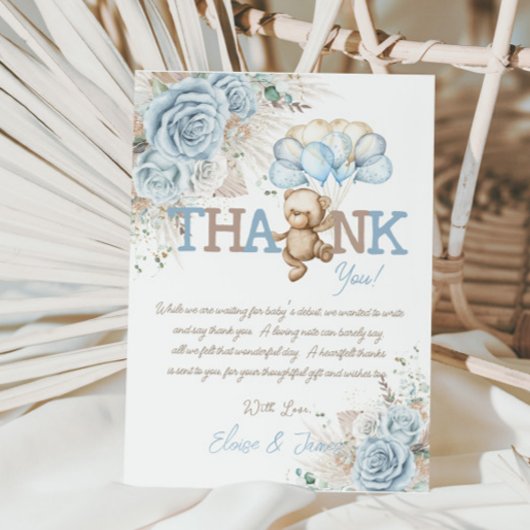 Boho Blue Floral Pampas Teddy Bear Boy Baby Dusche Dankeskarte