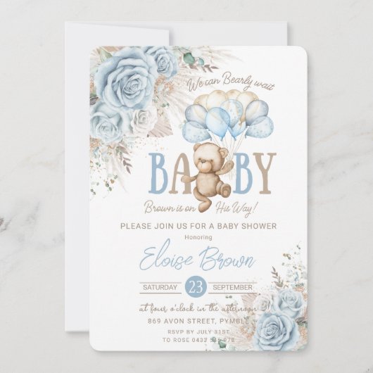 Boho Blue Floral Pampas Teddy Bear Boy Baby Dusche Einladung (Vorderseite)