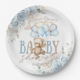 Boho Blue Floral Pampas Teddy Bear Boy Baby Dusche Pappteller