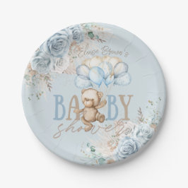 Boho Blue Floral Pampas Teddy Bear Boy Baby Dusche Pappteller