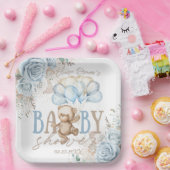 Boho Blue Floral Pampas Teddy Bear Boy Baby Dusche Pappteller (Party)