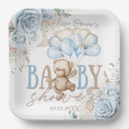Boho Blue Floral Pampas Teddy Bear Boy Baby Dusche Pappteller