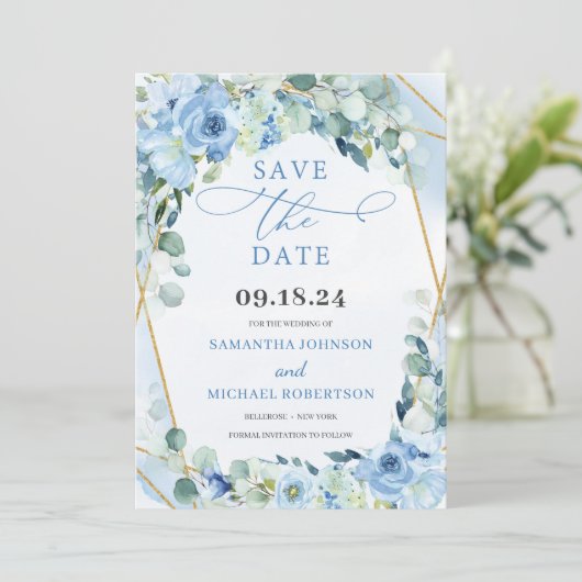 Boho Blue Floral Rose und Gold Geometric Save The Date (Stehend Vorderseite)