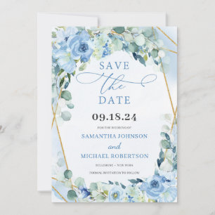 Boho Blue Floral Rose und Gold Geometric Save The Date
