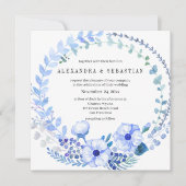 Boho Blue Floral Rustic Wedding Einladung (Vorderseite)