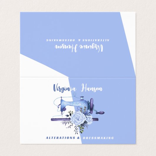 Boho Blue Floral Seamstress Nähmaschine geklappt Visitenkarten (Außenseite Aufgefaltet)