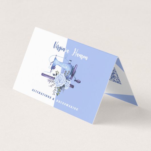 Boho Blue Floral Seamstress Nähmaschine geklappt Visitenkarten (Vorderseite)