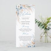 Boho Blue Floral und Ivory Rose Pampas Hochzeit Programm (Stehend Vorderseite)