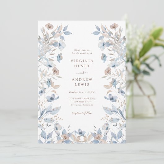 Boho Blue Floral Wedding Einladung (Stehend Vorderseite)